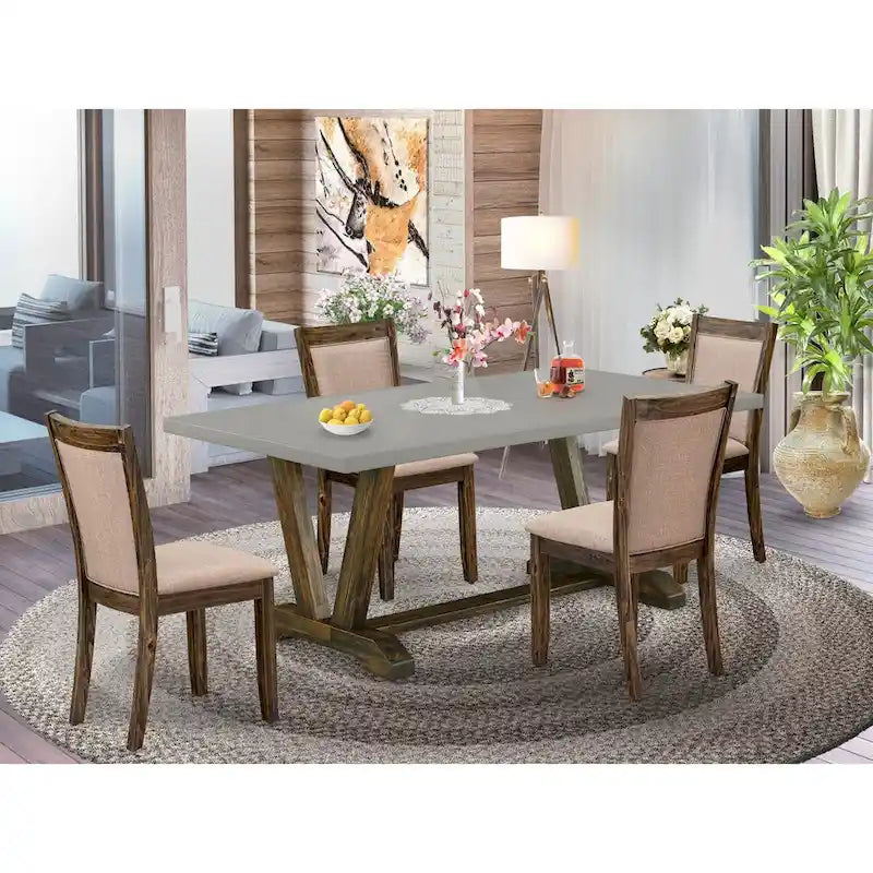 Set da pranzo East West Furniture - un tavolo da cucina e sedie in tessuto di lino color cachi scuro, Jacobean invecchiato (Opzioni pezzi)