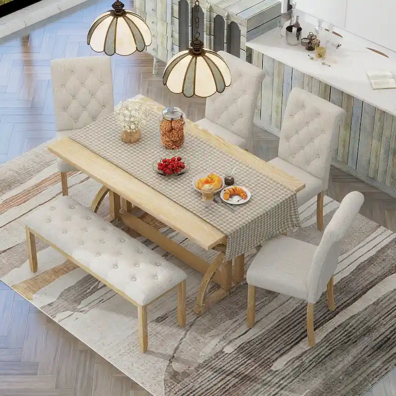 Set da tavolo da pranzo rettangolare retrò da 6 pezzi, tavolo con gambe uniche e 4 sedie imbottite e 1 panca per sala da pranzo e cucina