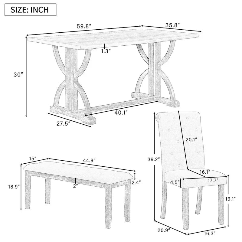 Set da tavolo da pranzo rettangolare retrò da 6 pezzi, tavolo con gambe uniche e 4 sedie imbottite e 1 panca per sala da pranzo e cucina