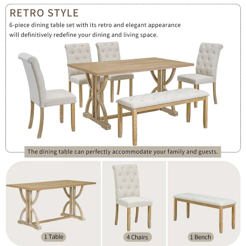 Set da tavolo da pranzo rettangolare retrò da 6 pezzi, tavolo con gambe uniche e 4 sedie imbottite e 1 panca per sala da pranzo e cucina