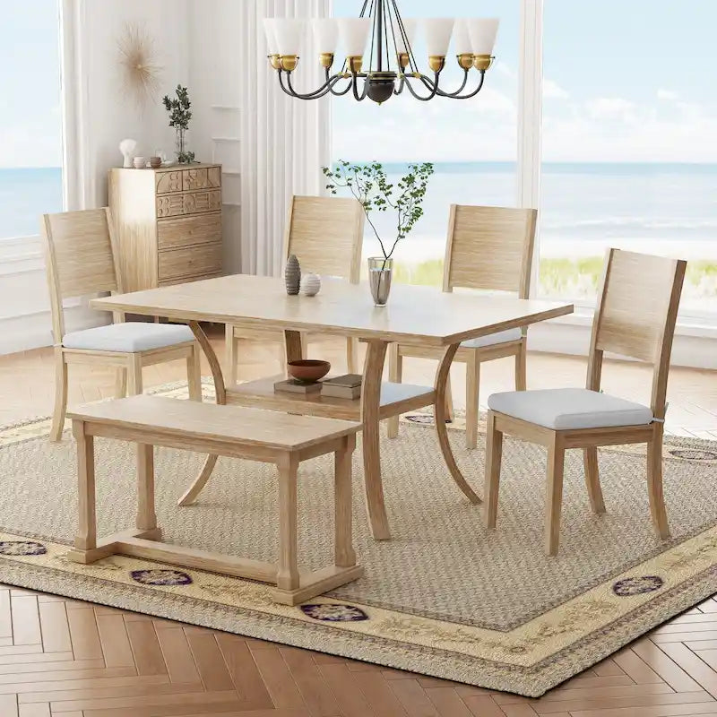 Set da pranzo a 6 pezzi con tavolo con ripiano portaoggetti e gambe curve, set da tavolo da cucina con panca e 4 sedie da pranzo con cuscini rimovibili