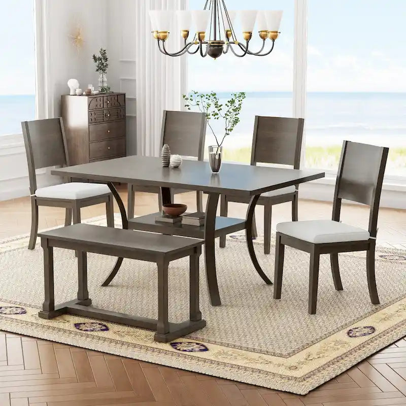Set da pranzo a 6 pezzi con tavolo con ripiano portaoggetti e gambe curve, set da tavolo da cucina con panca e 4 sedie da pranzo con cuscini rimovibili