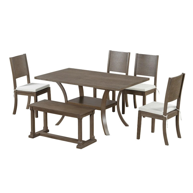 Set da pranzo a 6 pezzi con tavolo con ripiano portaoggetti e gambe curve, set da tavolo da cucina con panca e 4 sedie da pranzo con cuscini rimovibili