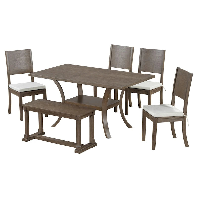 Set da pranzo a 6 pezzi con tavolo con ripiano portaoggetti e gambe curve, set da tavolo da cucina con panca e 4 sedie da pranzo con cuscini rimovibili
