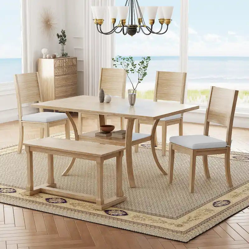 Set da pranzo a 6 pezzi con tavolo con ripiano portaoggetti e gambe curve, set da tavolo da cucina con panca e 4 sedie da pranzo con cuscini rimovibili