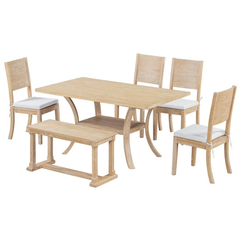 Set da pranzo a 6 pezzi con tavolo con ripiano portaoggetti e gambe curve, set da tavolo da cucina con panca e 4 sedie da pranzo con cuscini rimovibili