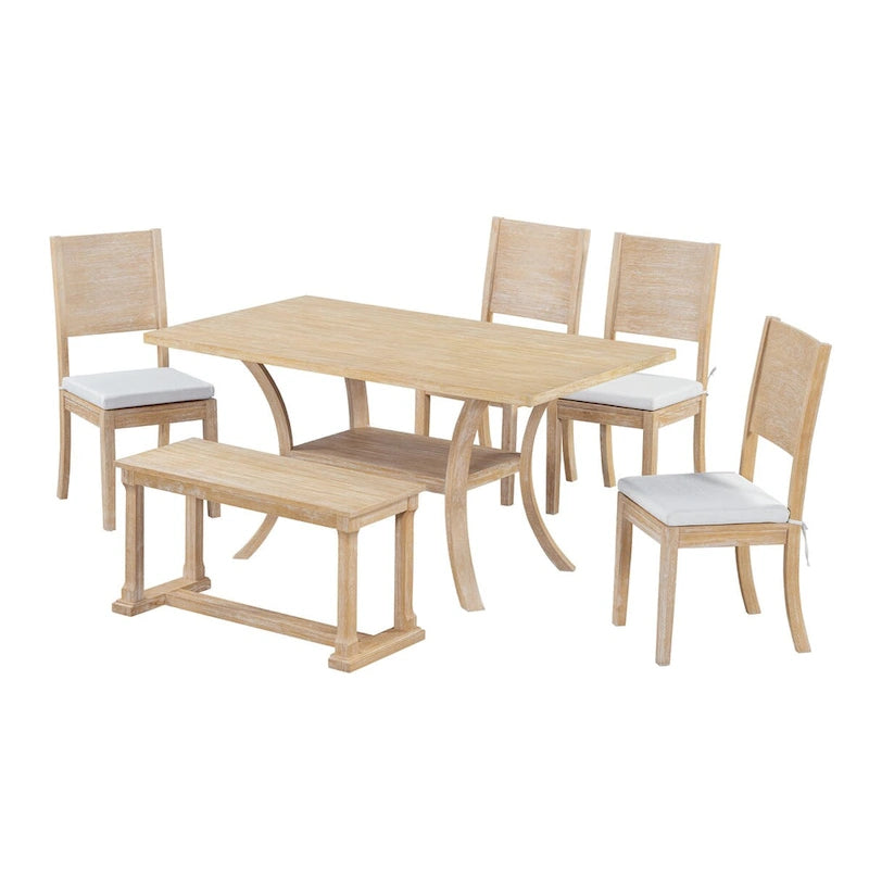 Set da pranzo a 6 pezzi con tavolo con ripiano portaoggetti e gambe curve, set da tavolo da cucina con panca e 4 sedie da pranzo con cuscini rimovibili