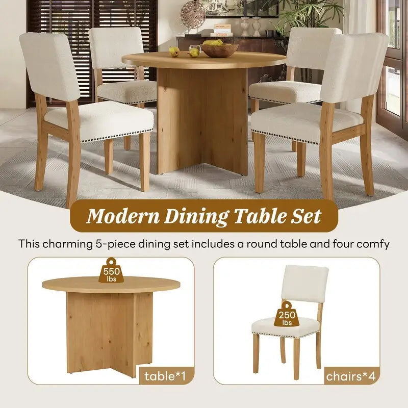 Set da tavolo da pranzo rotondo a 5 pezzi, set da tavolo da cucina a piedistallo con 4 sedie da pranzo imbottite per monolocali, appartamenti, piccoli spazi
