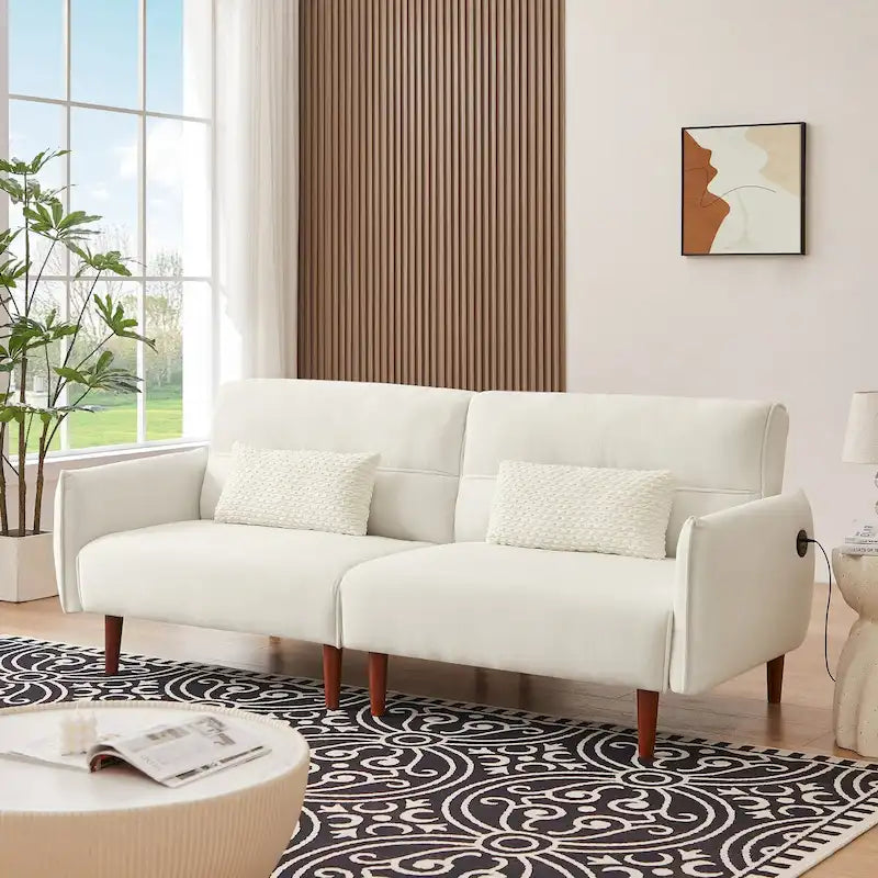 Divano letto futon convertibile, divano letto regolabile, divano letto confortevole in tessuto a coste con gambe in legno e 2 cuscini