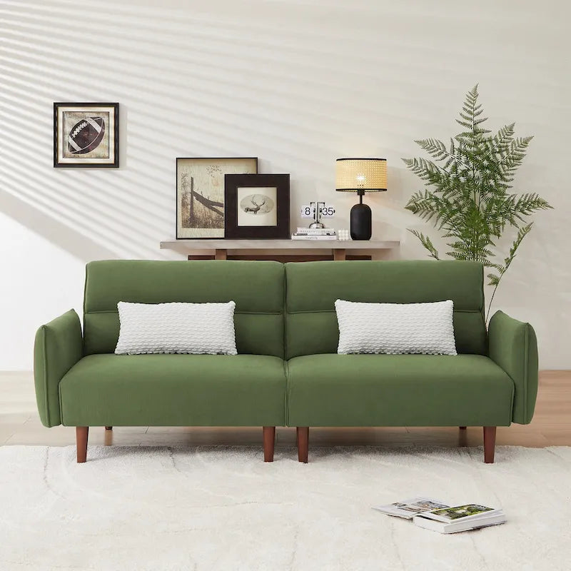 Divano letto futon convertibile, divano letto regolabile, divano letto confortevole in tessuto a coste con gambe in legno e 2 cuscini