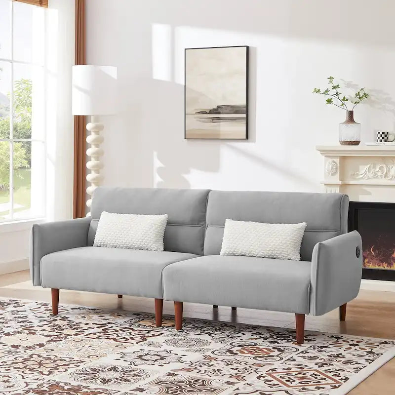 Divano letto futon convertibile, divano letto regolabile, divano letto confortevole in tessuto a coste con gambe in legno e 2 cuscini
