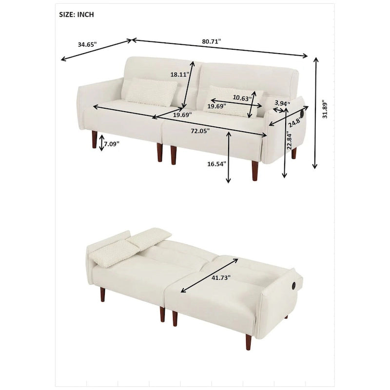 Divano letto futon convertibile, divano letto regolabile, divano letto confortevole in tessuto a coste con gambe in legno e 2 cuscini