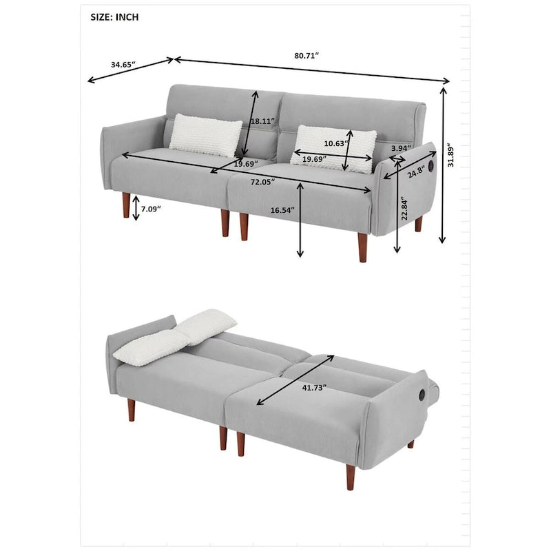 Divano letto futon convertibile, divano letto regolabile, divano letto confortevole in tessuto a coste con gambe in legno e 2 cuscini