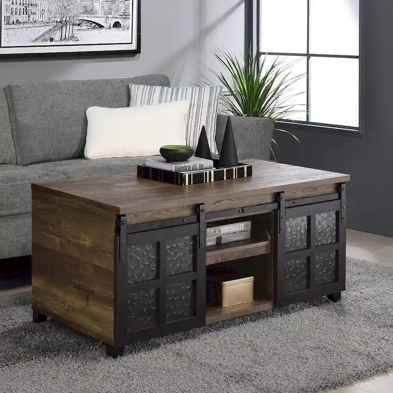 Rustic Oak Coffee Table - Antique Oak & Black - Sliding Barn Doors with Glass