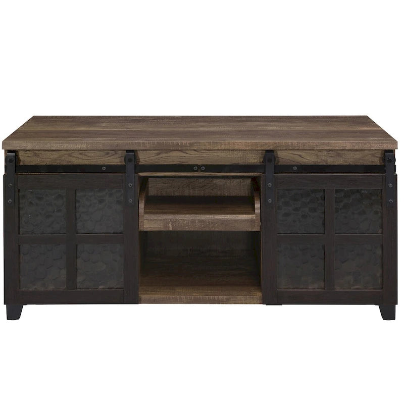 Rustic Oak Coffee Table - Antique Oak & Black - Sliding Barn Doors with Glass