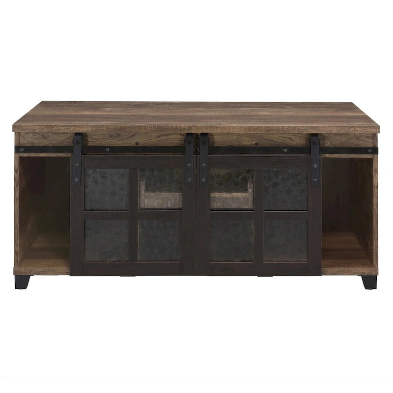 Rustic Oak Coffee Table - Antique Oak & Black - Sliding Barn Doors with Glass