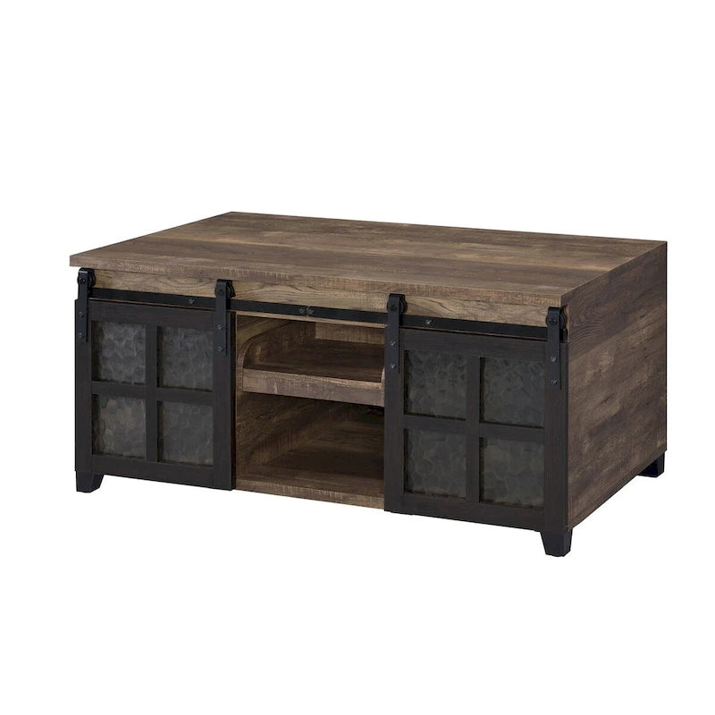 Rustic Oak Coffee Table - Antique Oak & Black - Sliding Barn Doors with Glass