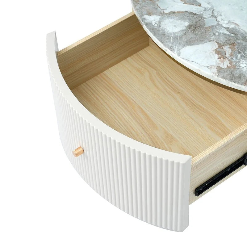 Tavolino da caffè rotondo moderno con 2 ampi cassetti portaoggetti, tavolino d'appoggio con piano effetto marmo
