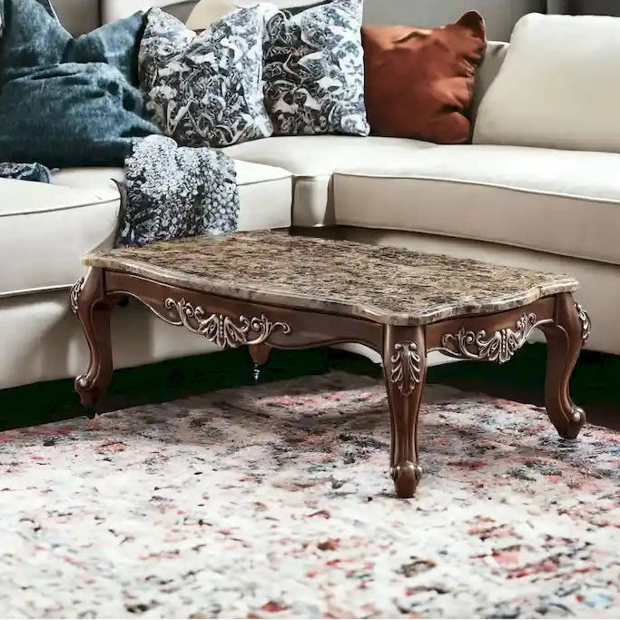 57" Brown and Oak Faux Marble Coffee Table - Rectangular
