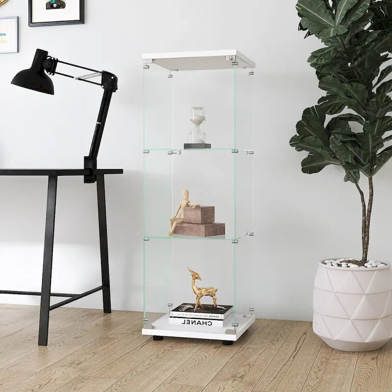 White One-Door Glass Display Cabinet with 3 Shelves