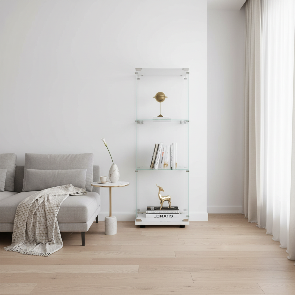 White One-Door Glass Display Cabinet with 3 Shelves