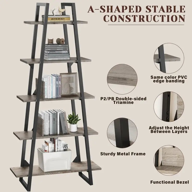 5-Tier Bookshelf - Oak/Grey - Industrial Style - Adult
