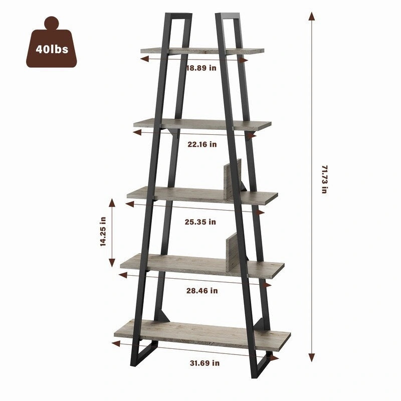 5-Tier Bookshelf - Oak/Grey - Industrial Style - Adult