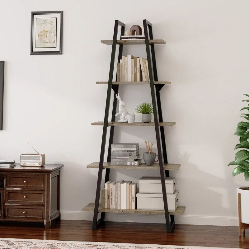 5-Tier Bookshelf - Oak/Grey - Industrial Style - Adult
