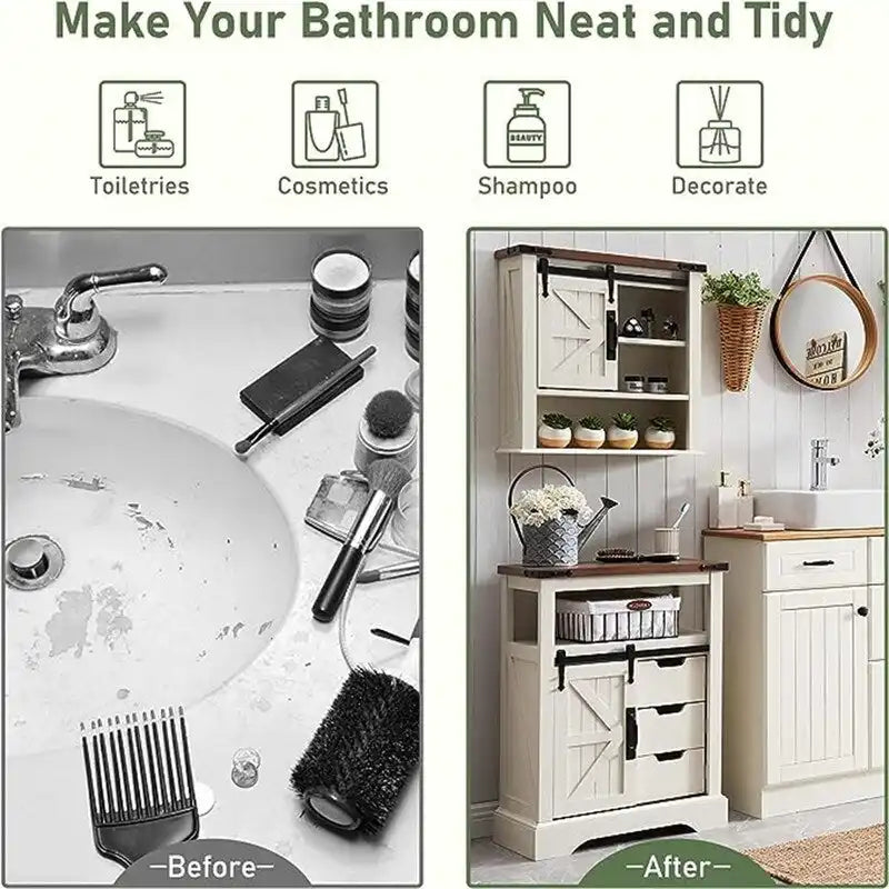 Dark Rustic Oak/Antique White Bathroom Floor Cabinet with Barn Door