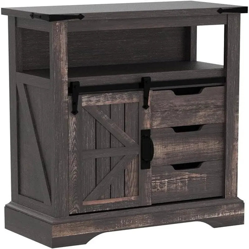 Dark Rustic Oak/Antique White Bathroom Floor Cabinet with Barn Door