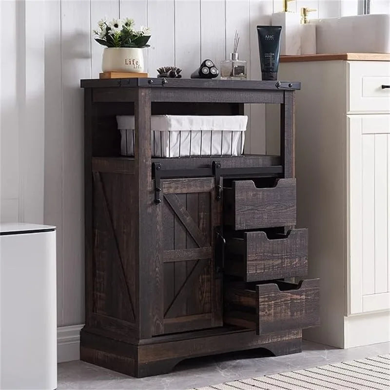 Dark Rustic Oak/Antique White Bathroom Floor Cabinet with Barn Door