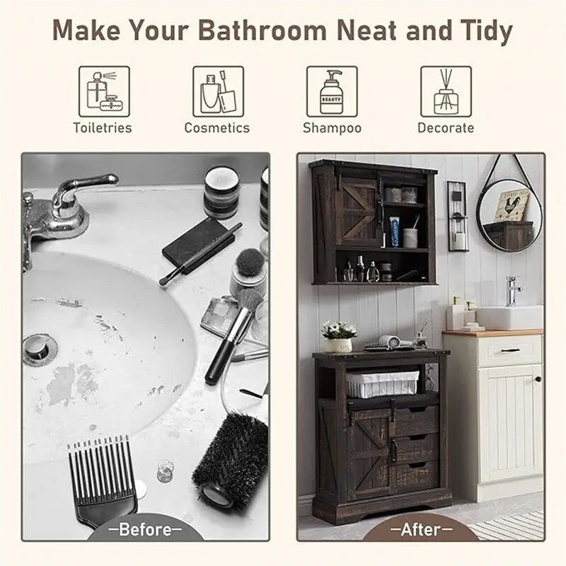 Dark Rustic Oak/Antique White Bathroom Floor Cabinet with Barn Door