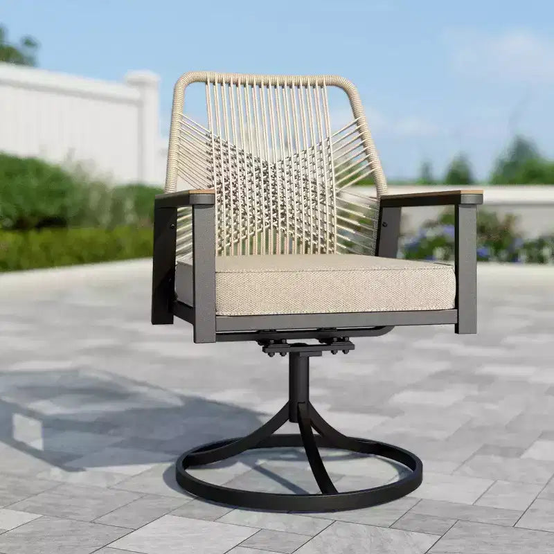 Captiva Designs Tavolo da pranzo quadrato in metallo con piano a doghe e sedie girevoli in vimini con cuscini spessi, 9 pezzi