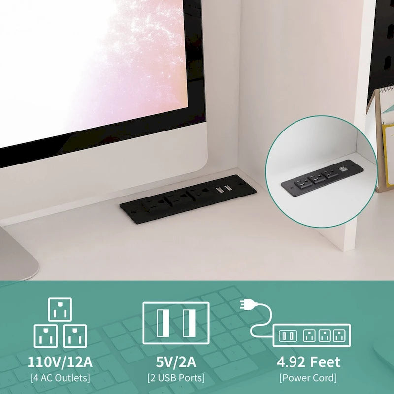 Scrivania a L con presa di corrente, scrivania per computer con cassetti, libreria e mobiletto, scrivania angolare moderna, scrivania per ufficio domestico