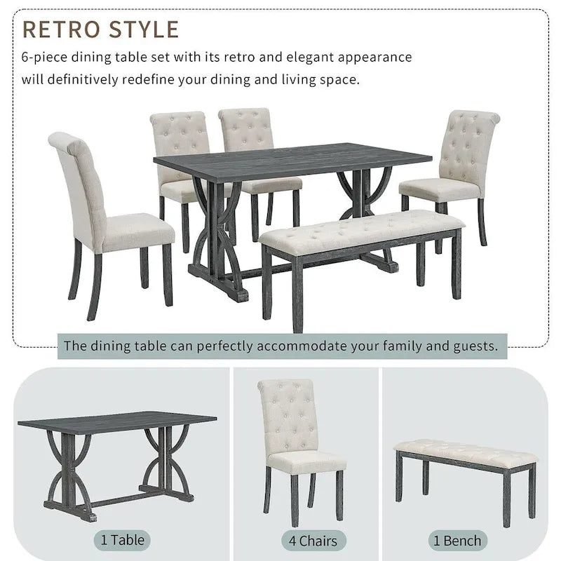 Set da tavolo da pranzo rettangolare retrò da 6 pezzi per 6 persone