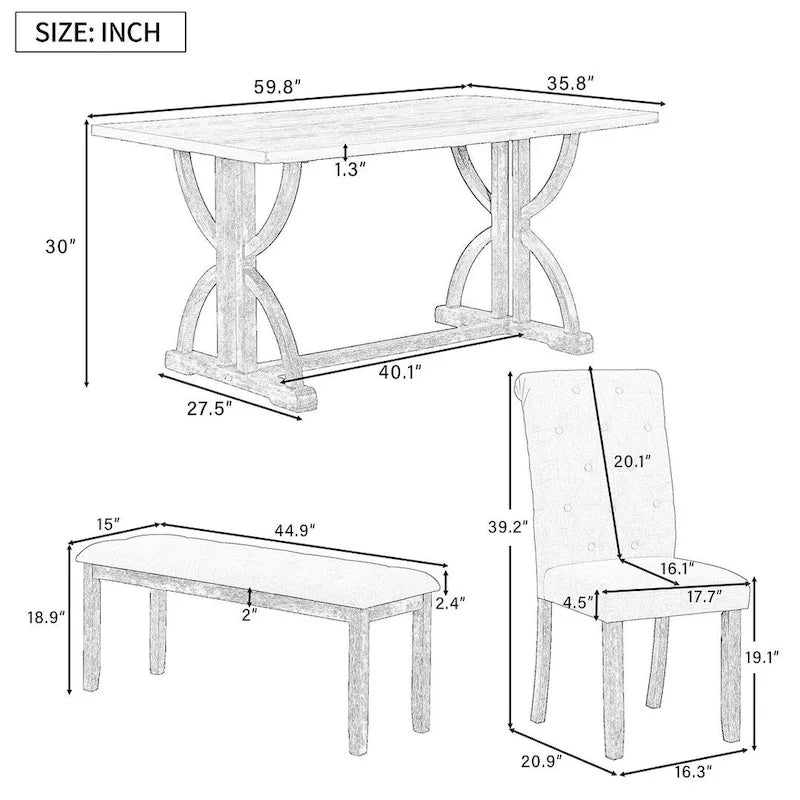 Set da tavolo da pranzo rettangolare retrò da 6 pezzi per 6 persone
