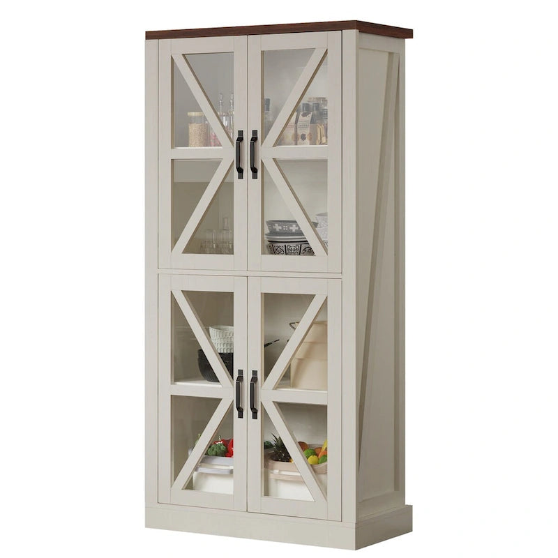 66" White Kitchen Pantry Cabinet with Glass Doors