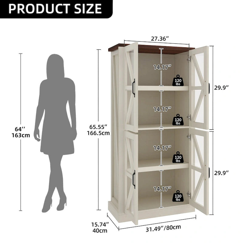 66" White Kitchen Pantry Cabinet with Glass Doors