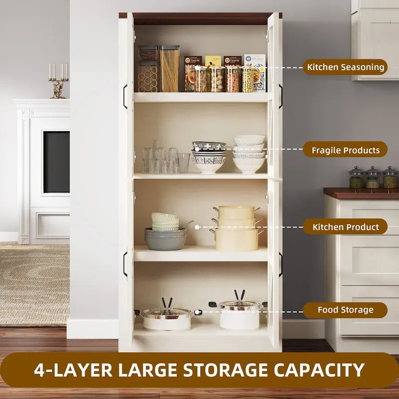 66" White Kitchen Pantry Cabinet with Glass Doors