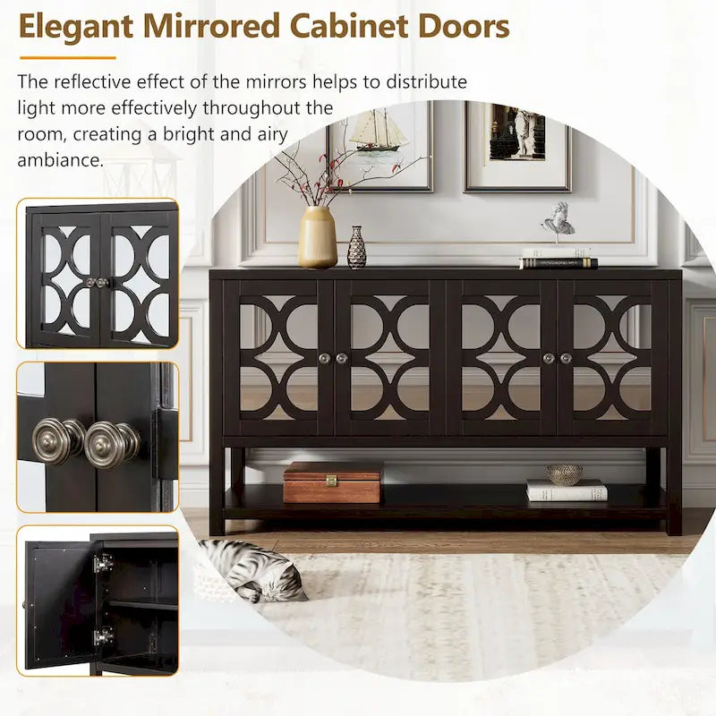 Console Table with Mirrored Doors - Antique White/Espresso/Navy