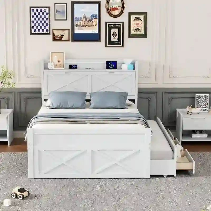 Letto in legno contenitore con letto estraibile singolo e tre cassetti portaoggetti