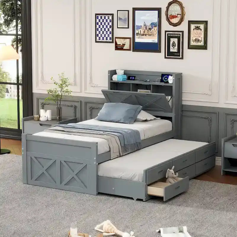Letto in legno contenitore con letto estraibile singolo e tre cassetti portaoggetti