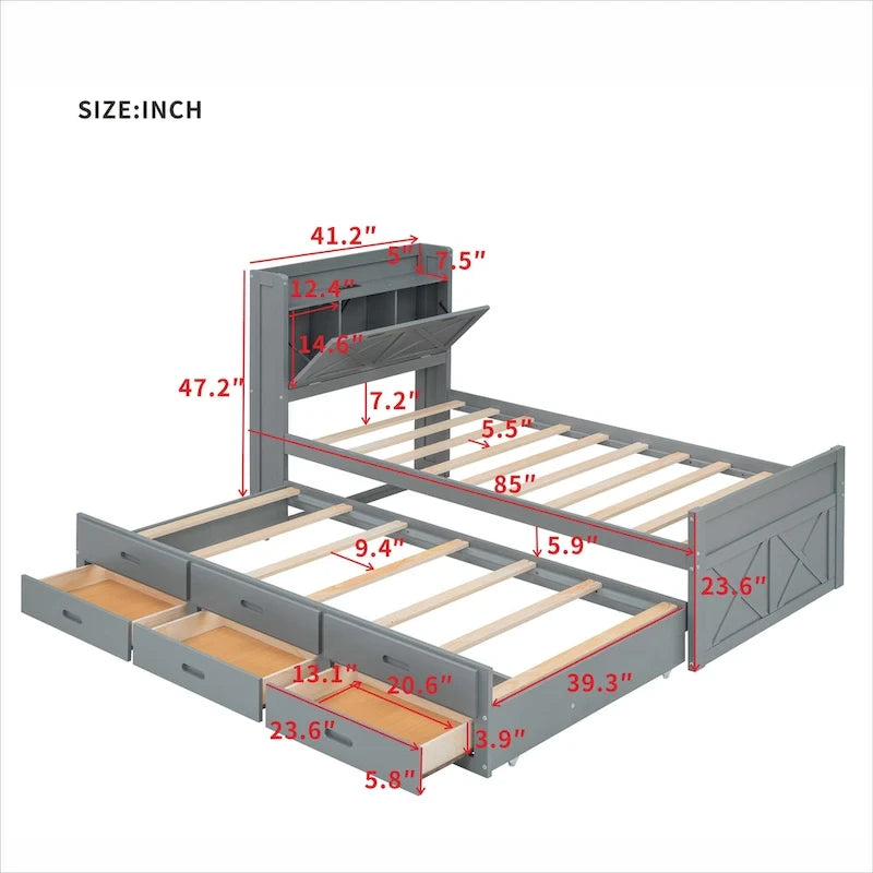 Letto in legno contenitore con letto estraibile singolo e tre cassetti portaoggetti