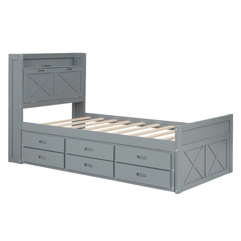Letto in legno contenitore con letto estraibile singolo e tre cassetti portaoggetti