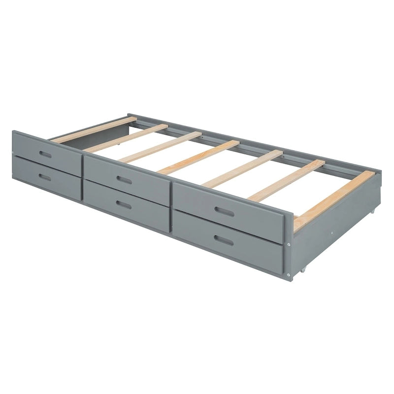Letto in legno contenitore con letto estraibile singolo e tre cassetti portaoggetti