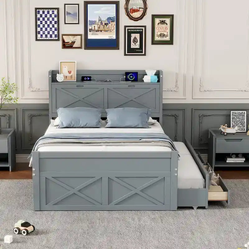 Letto in legno contenitore con letto estraibile singolo e tre cassetti portaoggetti