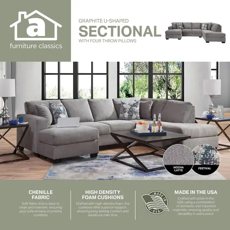 Divano componibile a U American Furniture Classics Graphite Model A414V6-K2 con 4 cuscini decorativi