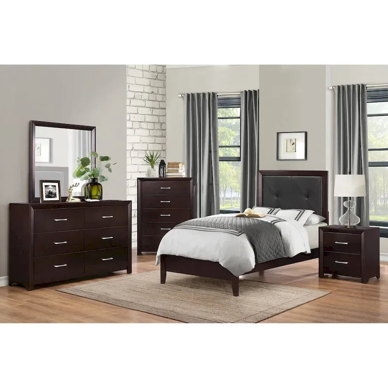 Set 5 Pezzi Camera da Letto Finitura Espresso Letto Comodino Comò Specchio Cassettiera