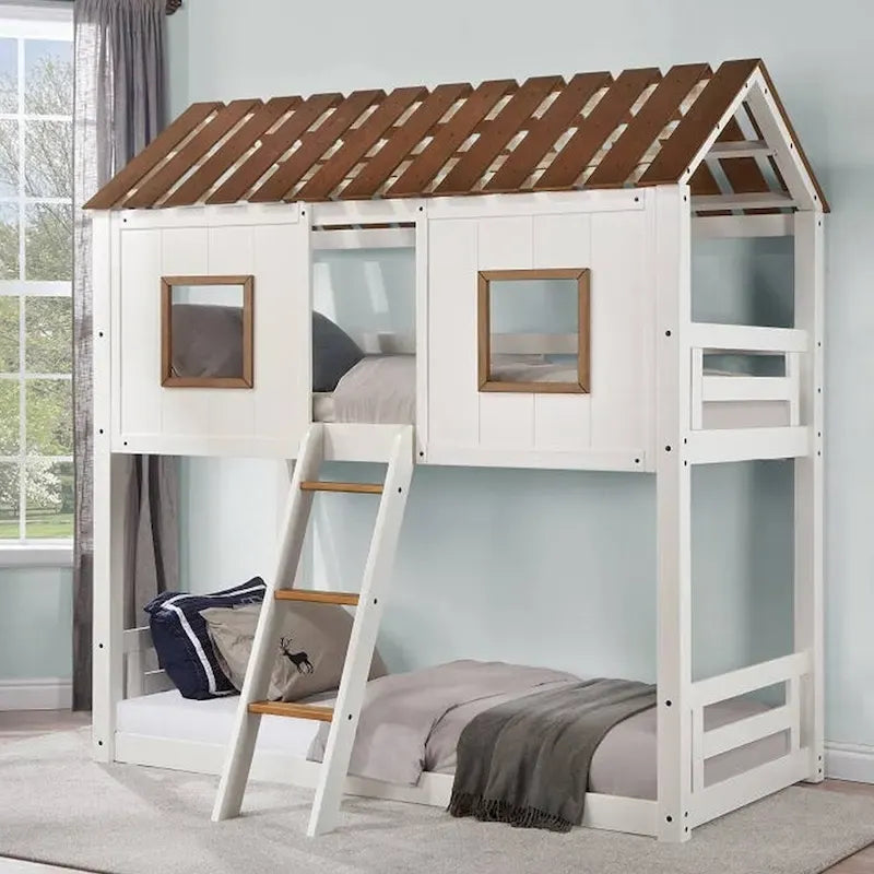 Letto a castello in legno Twin Over Twin in bianco e rovere rustico