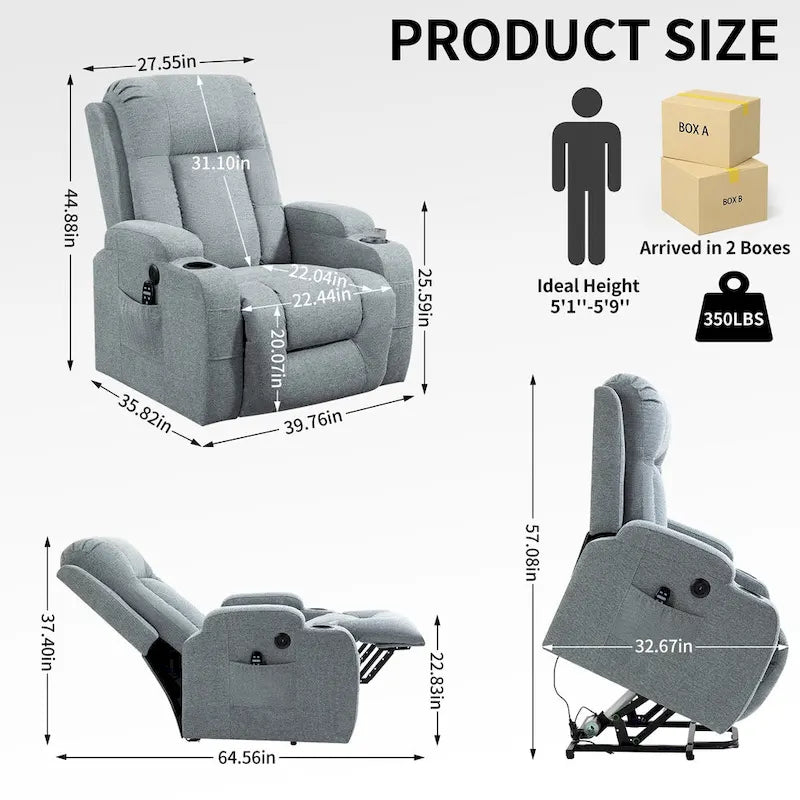 Poltrona reclinabile elettrica Lazy Boy Power Lift, moderna poltrona massaggiante a motore singolo con riscaldamento lombare, porta di ricarica USB, portabicchieri